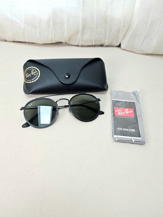 Ray-Ban Round Double Bridge Sunglasses RB3647N Black Frame Green Lenses w/ Case - Picture 2 of 9